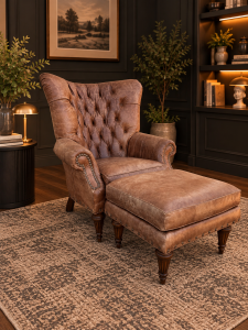 Southern Furniture Vintage Tufted Leather Wingback Chair & Ottoman