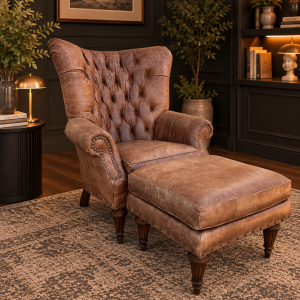 Southern Furniture Vintage Tufted Leather Wingback Chair & Ottoman