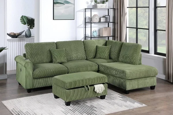3-Piece Sectional Sofa (RAF Chaise + LAF Sofa W/ USB Port + Storage Ottoman)