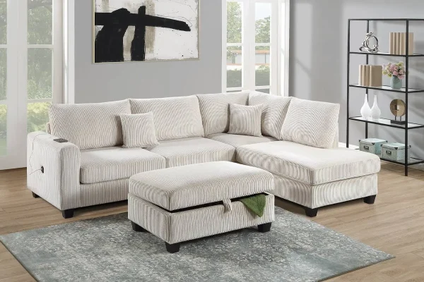 3-Piece Sectional Sofa (RAF Chaise + LAF Sofa W/ USB Port + Storage Ottoman)