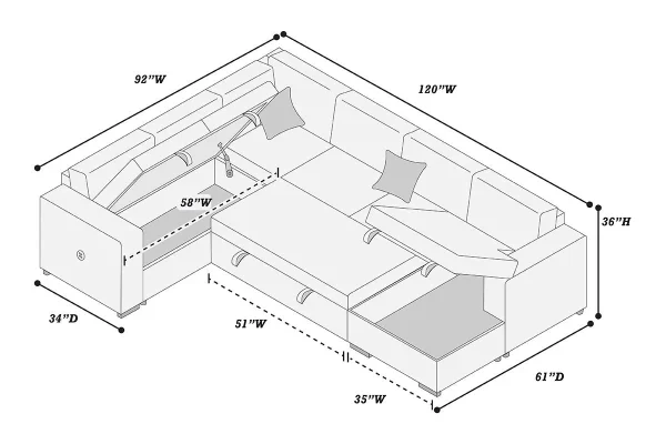 4-Piece Convertible Sectional (Sleeper Sofa, Chaise Storage, Sofa Storage & USB Port) - Image 3