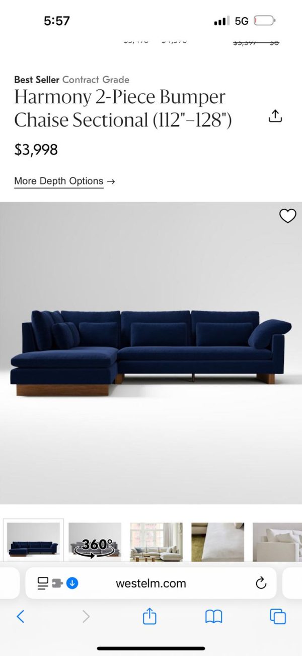 West Elm Harmony 2-Piece Bumper Chaise Sectional – Navy Blue - Image 8