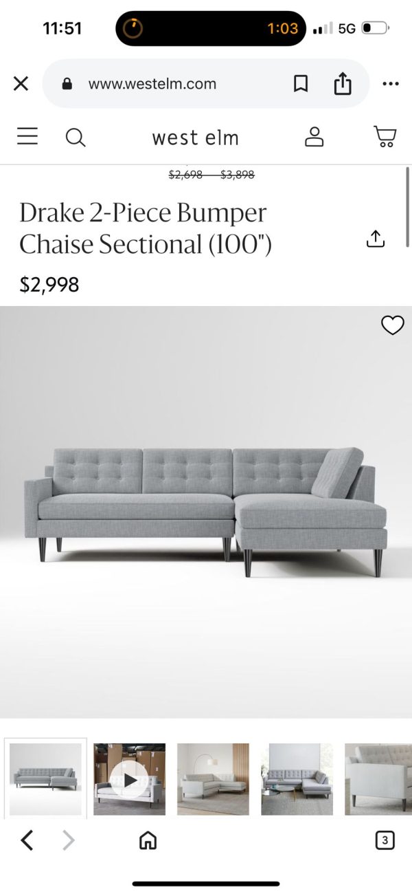 West Elm Drake Bumper Chaise Sectional Sofa - Image 10