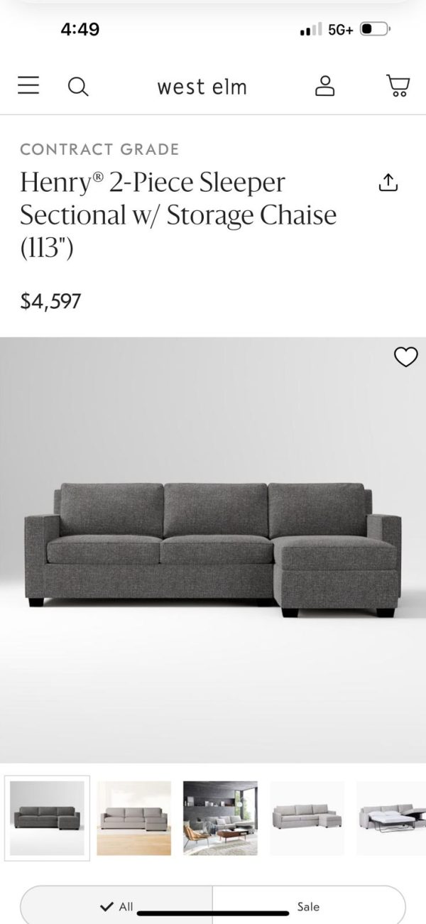West Elm Henry 2-Piece Sleeper Sectional w/ Storage Chaise - Image 11