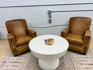 Ethan Allen Dean Leather Recliner Chairs + Modern Table