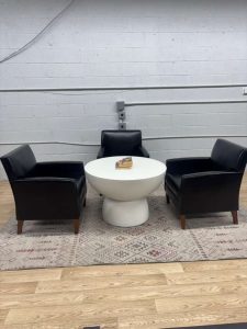 Bernhardt Leather Lounge Chair Set + Modern Table